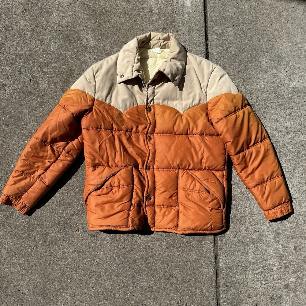 Vintage 70s Orange and Tan Western Yoke Puffer Jacket Large Sun Faded